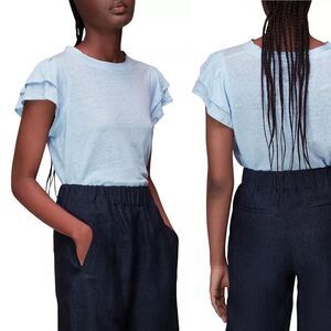 Whistles Size S Laura Linen Tiered Sleeve Tee Slub Knit Jersey Light Blue